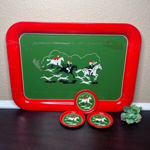 Horse and Hound Tray with Matching Coasters – Vibrant Fox Hunt Scene, 1950s Bar​